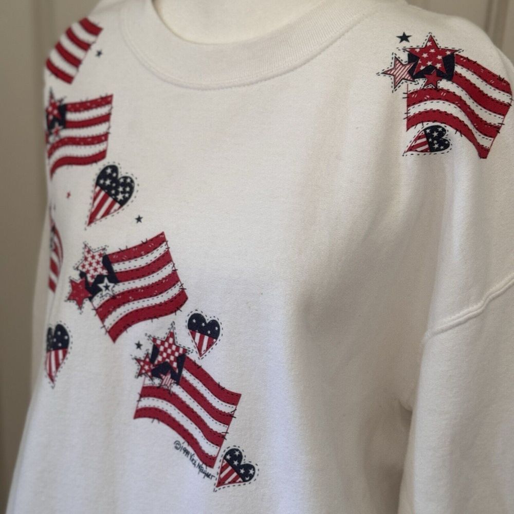 Vtg 90s American Heart Flag White Graphic Sweatshirt Sz L Vicki Melhart July 4th
